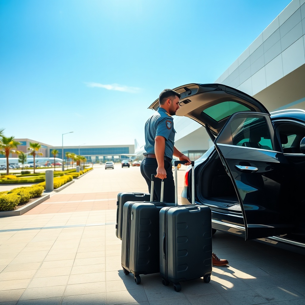 A trained luggage specialist delivering efficient dubai airport porter service by safely transferring heavy suitcases from the arrivals curb directly into a waiting vehicle.