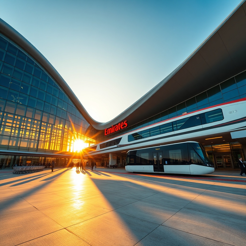 Expansive exterior view of dubai airport terminal 3 showcasing its modern glass architecture, Emirates branding, and direct integration with the Dubai Metro Red Line station.