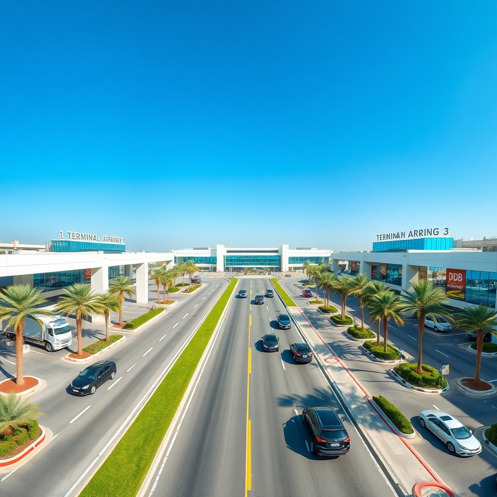 Comprehensive overview of dxb parking zones at Dubai International Airport, displaying dedicated entrances for each terminal and the central economy lot with shuttle access, highlighted by clear directional signage and modern airport infrastructure designed for seamless traveler navigation.