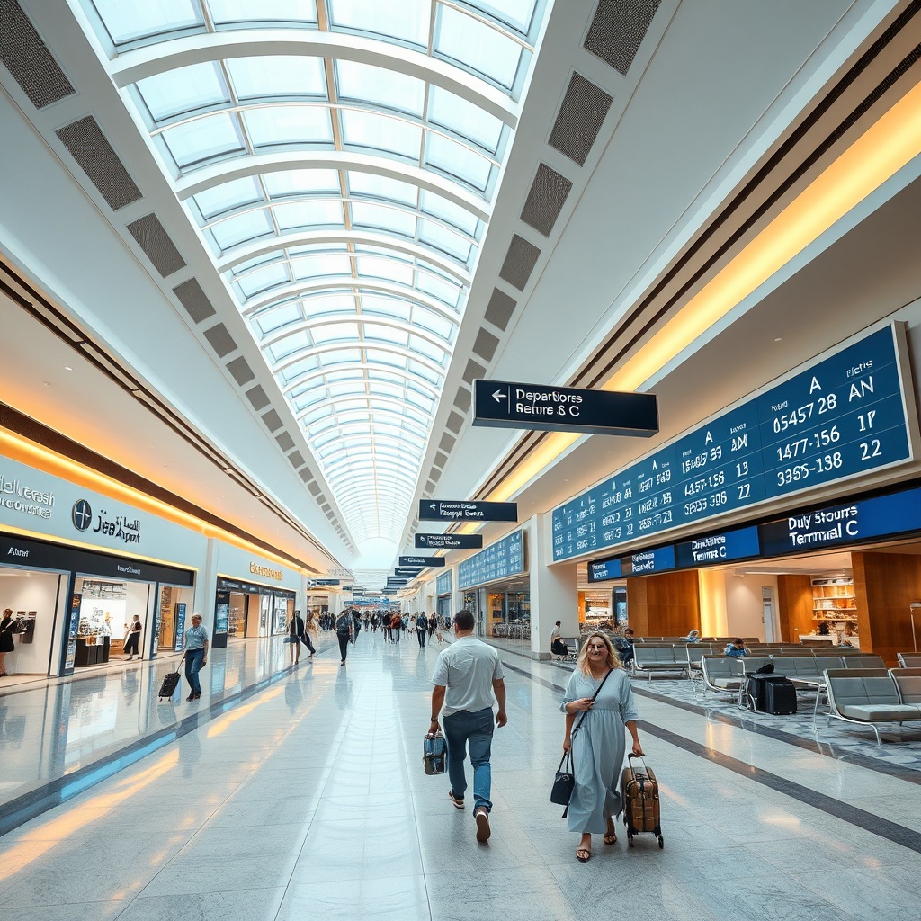 Spacious interior concourse of dubai airport terminal 3 featuring duty-free shopping, comfortable lounges, and passengers navigating the bright, modern halls.
