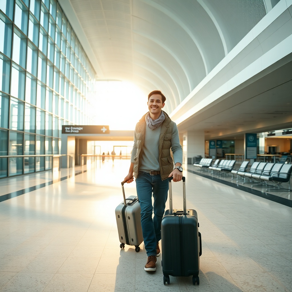 Wide shot of a carefree traveler walking through a sunlit Dubai Airport concourse without heavy bags, highlighting the convenience of luggage storage dubai airport terminal 3 for extended layovers.