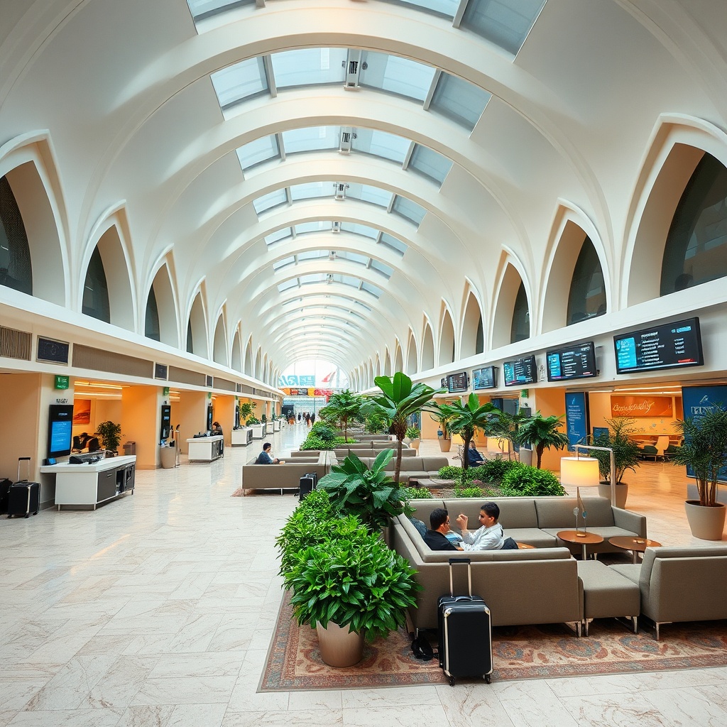 Modern transit lounge area inside dubai international airport terminal 3 featuring comfortable seating, digital flight boards, and premium traveler amenities