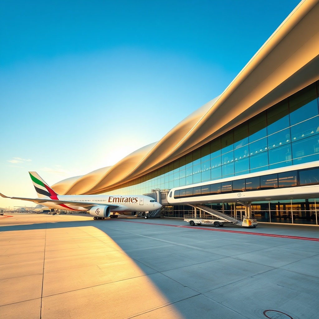 Exterior architectural view of Dubai Airport Terminal 3 featuring a modern white facade, an Emirates aircraft at the gate, and direct access to the Dubai Metro Red Line under bright daylight.