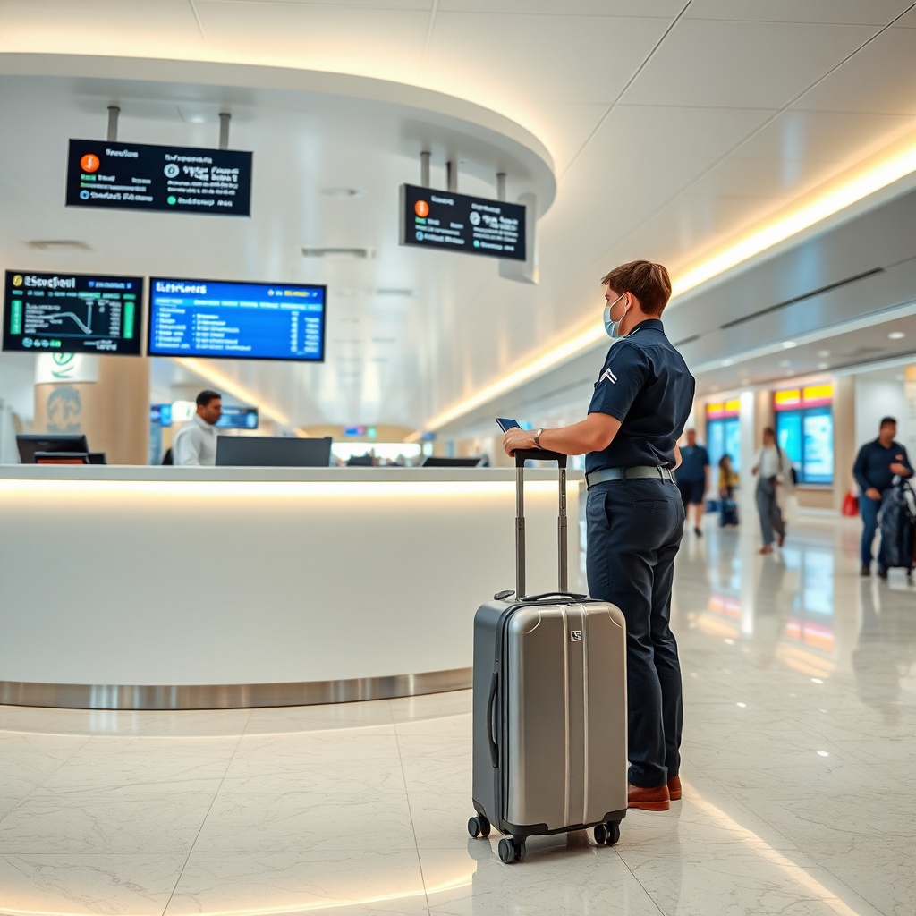 Photorealistic view of a modern luggage storage dubai airport terminal 3 service counter featuring a uniformed agent scanning a suitcase with an X-ray device, set against a backdrop of polished marble floors and bright terminal lighting.
