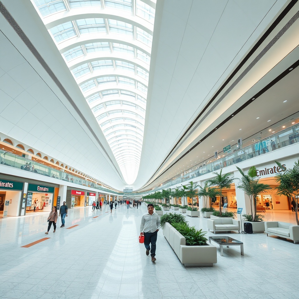 Spacious interior concourse of dubai airport terminal 3 showcasing duty-free shopping, modern architecture, and travelers moving through the bright, elegantly designed Emirates hub.