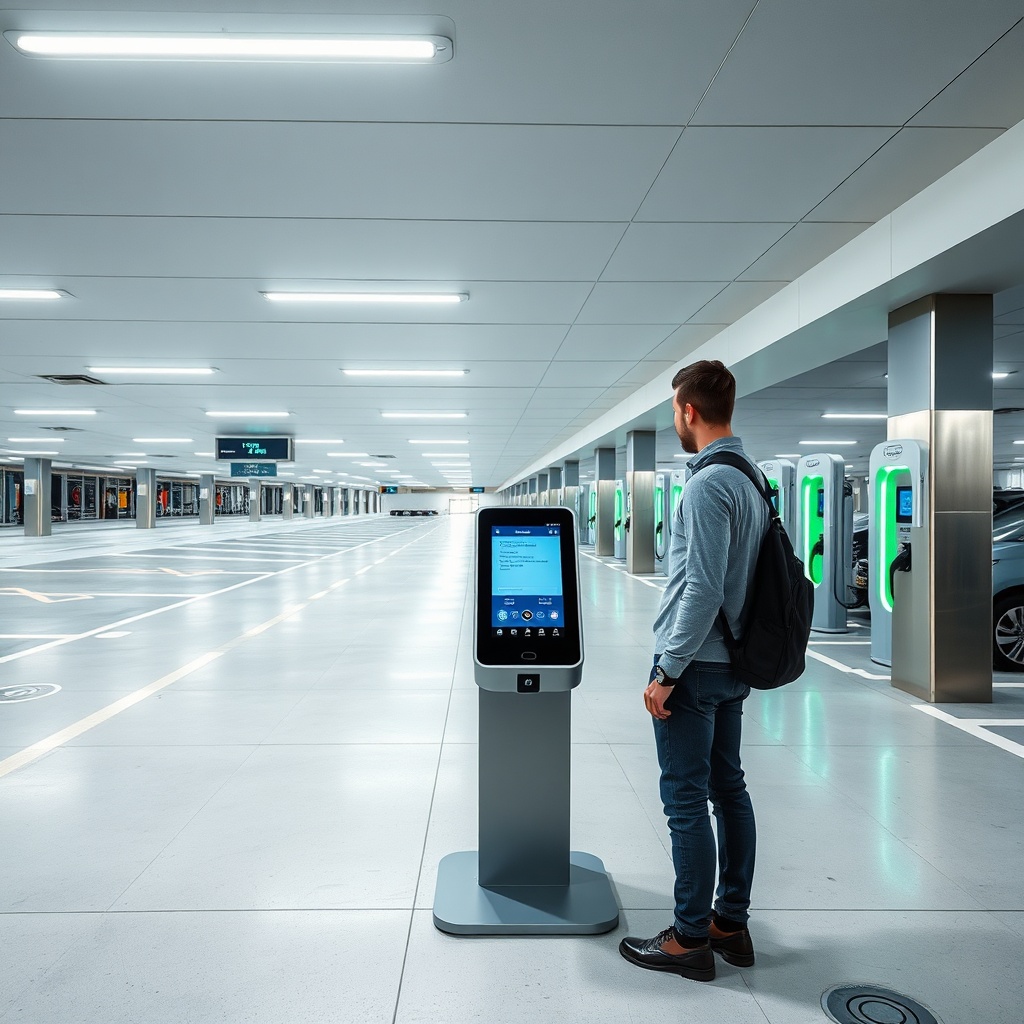 Traveler utilizing a digital payment kiosk at dxb parking facility featuring ev charging stations and clearly marked terminal access lanes