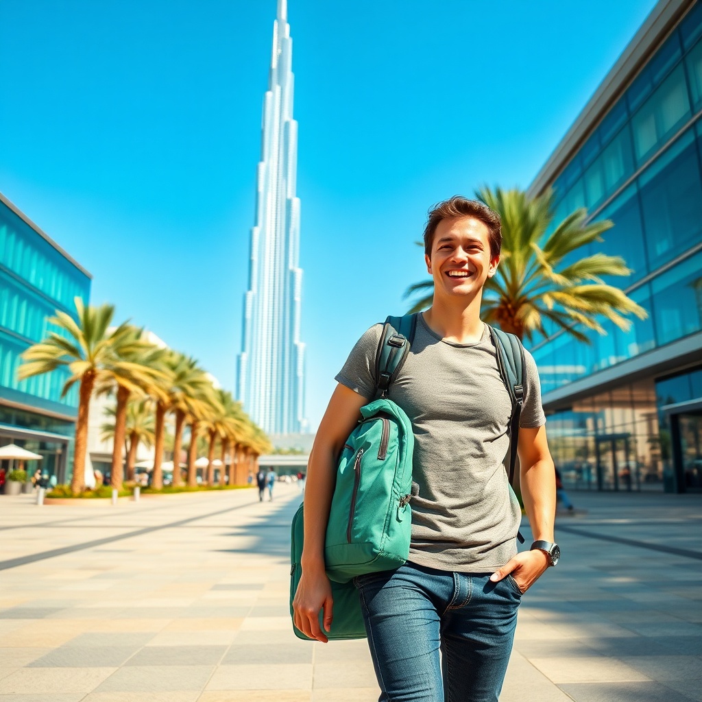 A relaxed tourist exploring downtown Dubai after using left luggage services at baggage storage dubai airport.