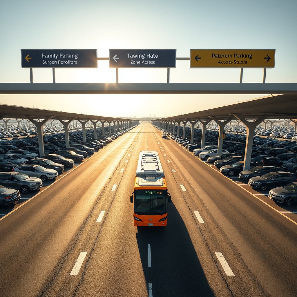 Expansive long-stay dxb parking facility with neatly arranged vehicles and a dedicated airport shuttle bus ensuring smooth terminal transfers.