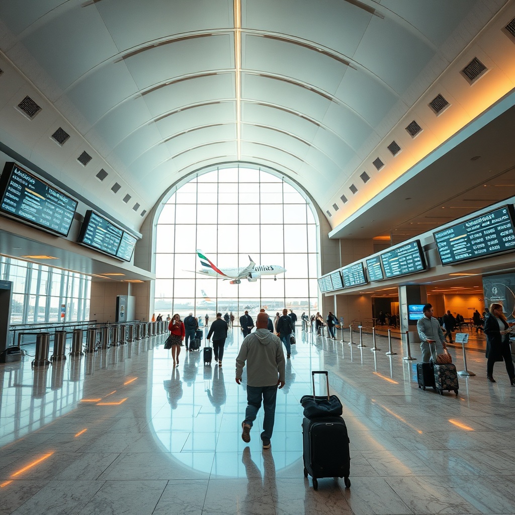 Modern interior concourse of Dubai International Airport Terminal 3 featuring spacious walkways, digital flight displays, and travelers heading to Emirates boarding areas.