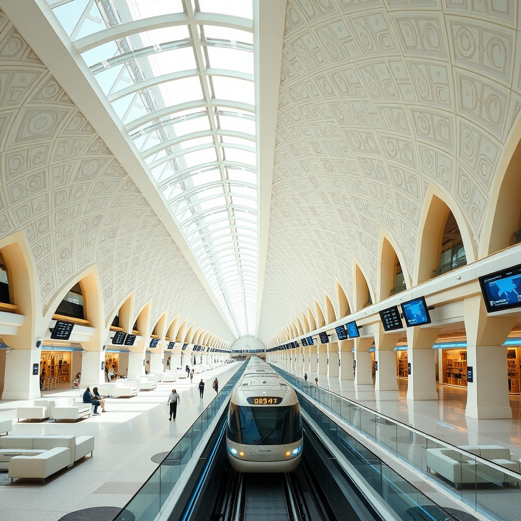 Spacious interior of dubai airport terminal 3 featuring the automated train system and modern concourse layout for seamless passenger transfers
