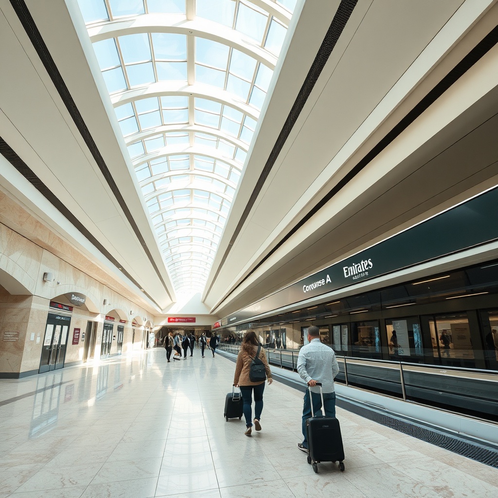 Modern interior of Dubai Airport Terminal 3 showing the automated metro link and spacious concourse pathways designed for seamless passenger transfers.