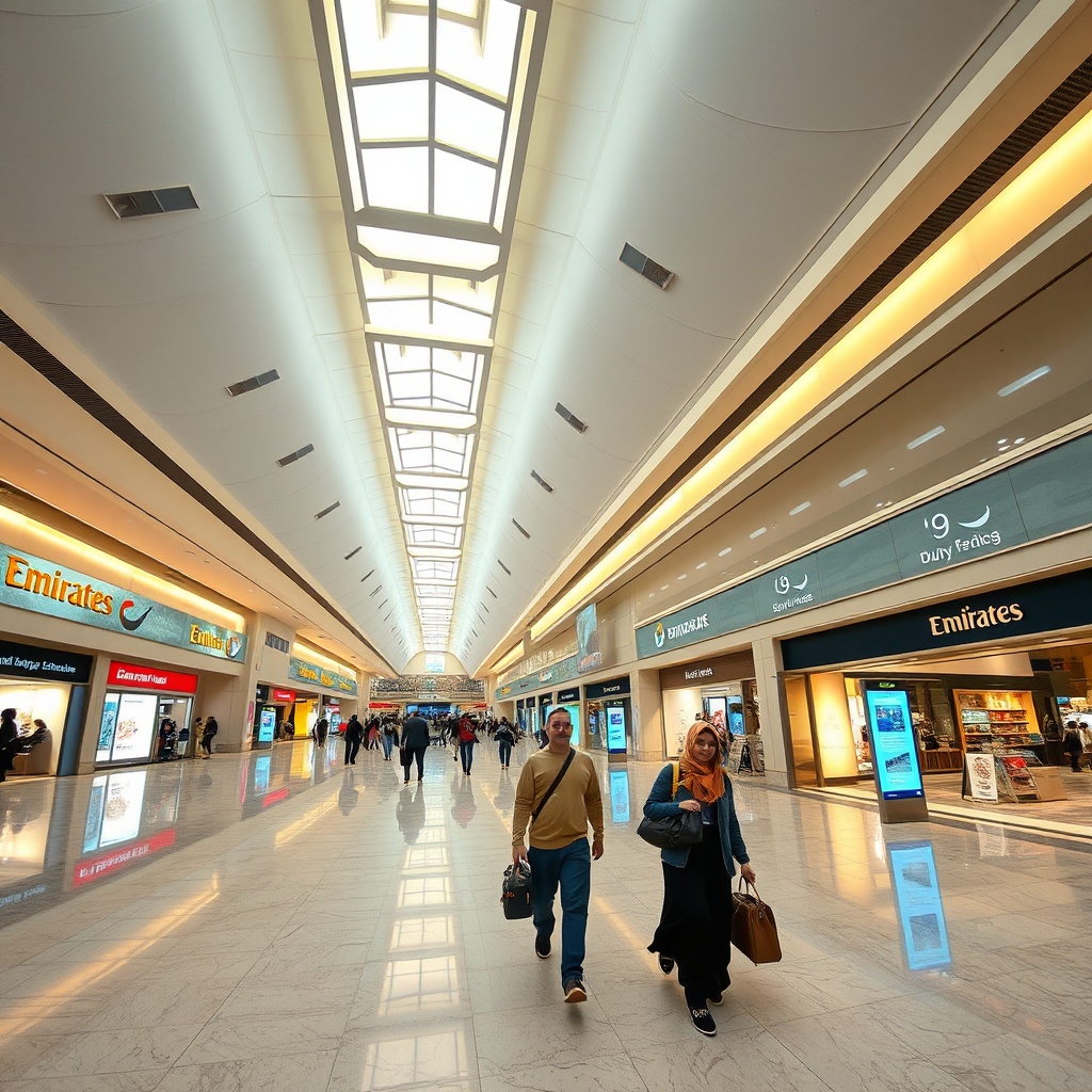 Wide-angle interior of Dubai Airport Terminal 3 showing a bustling concourse, premium duty-free retail, and seamless passenger transit flow