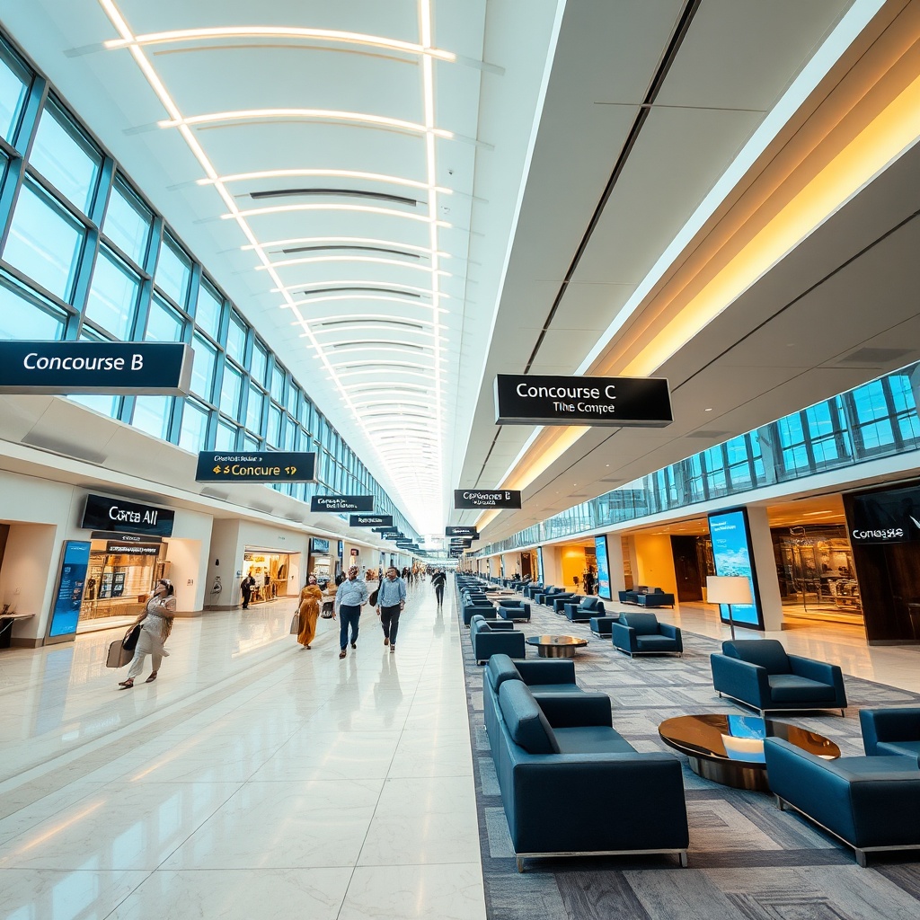 Modern interior concourse of Dubai Airport Terminal 3 featuring streamlined passenger pathways, premium lounge seating, and clear wayfinding signage designed for smooth transit and connections.