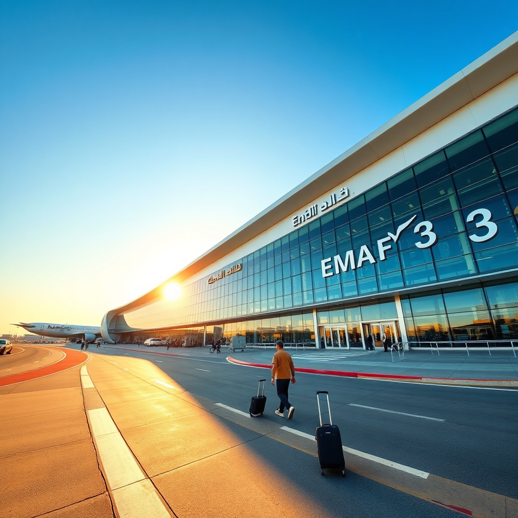 Sweeping exterior view of dubai airport terminal 3 showcasing its modern glass architecture, emirates airline branding, and streamlined passenger drop-off zone.