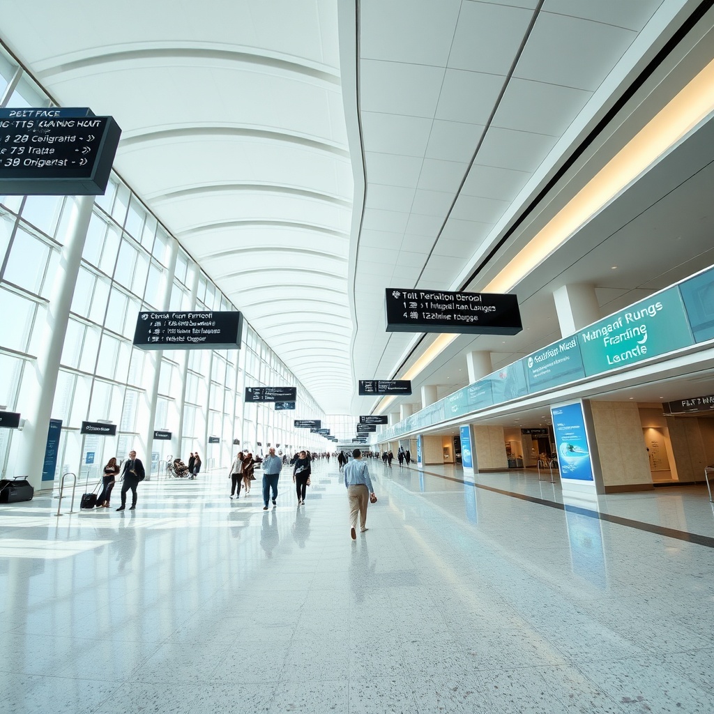 Spacious and brightly lit interior concourse of Dubai Airport Terminal 3 featuring clear wayfinding signage, polished floors, and modern amenities for effortless passenger navigation.