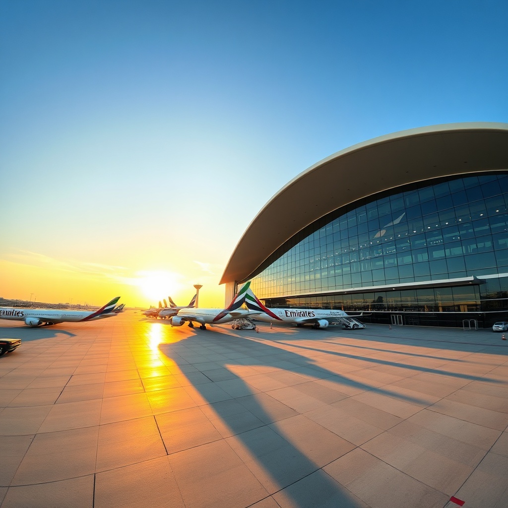 Exterior view of Dubai International Airport Terminal 3 showcasing its massive curved architecture and Emirates aircraft parked at the gates during golden hour.