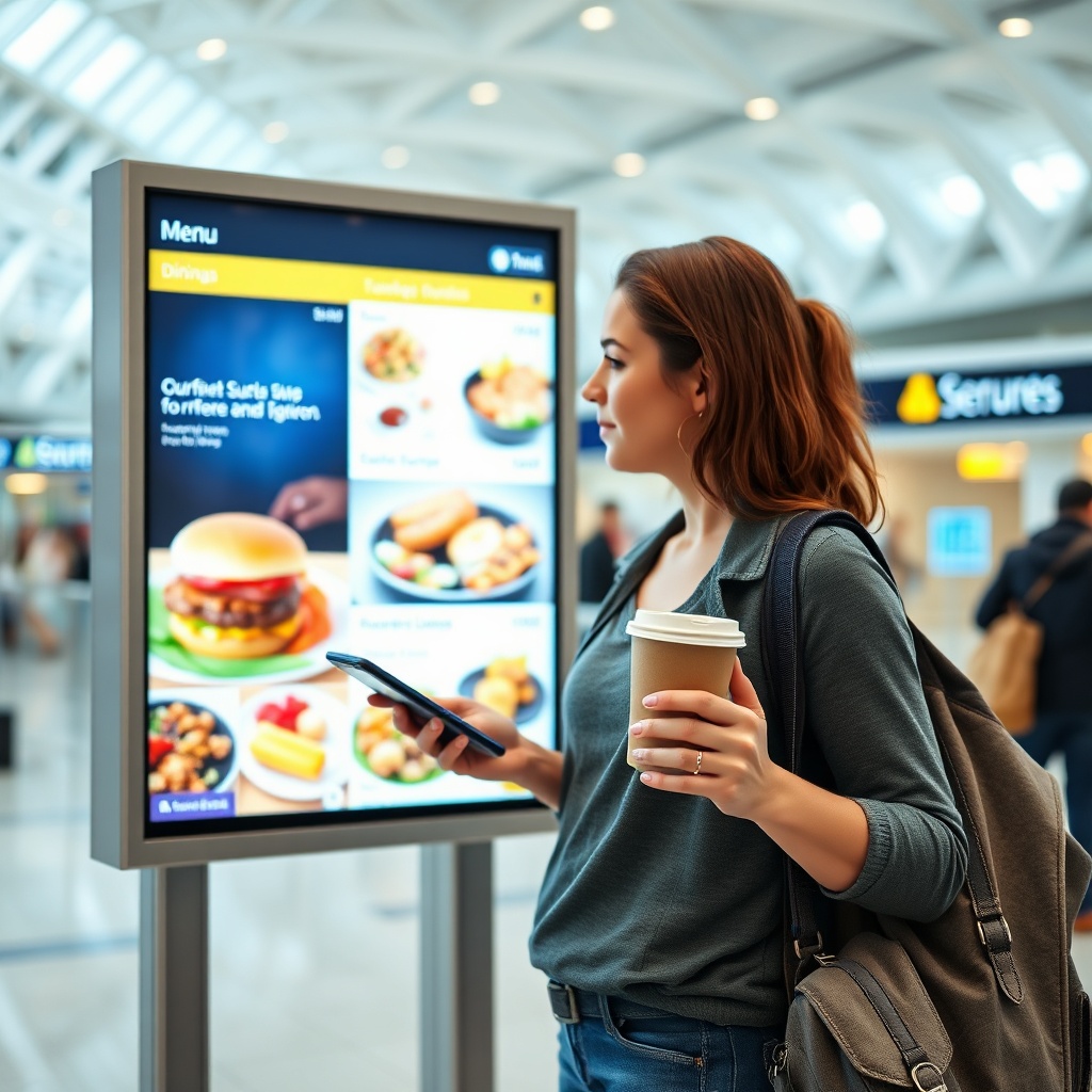 Traveler reviewing digital menu options for quick dubai airport restaurants near the gate, highlighting grab-and-go convenience and sit-down choices.