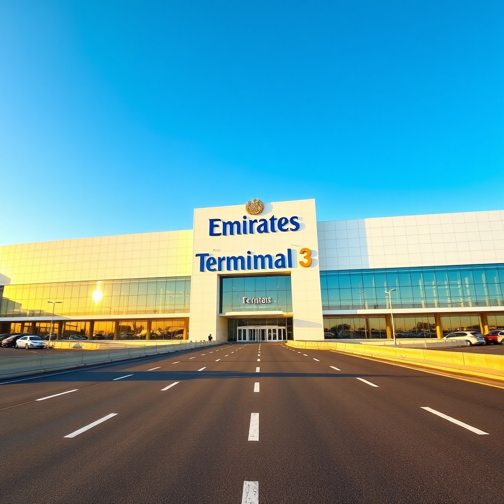 Sweeping exterior view of Dubai Airport Terminal 3 highlighting its monumental white facade, Emirates branding, and modern airport architecture