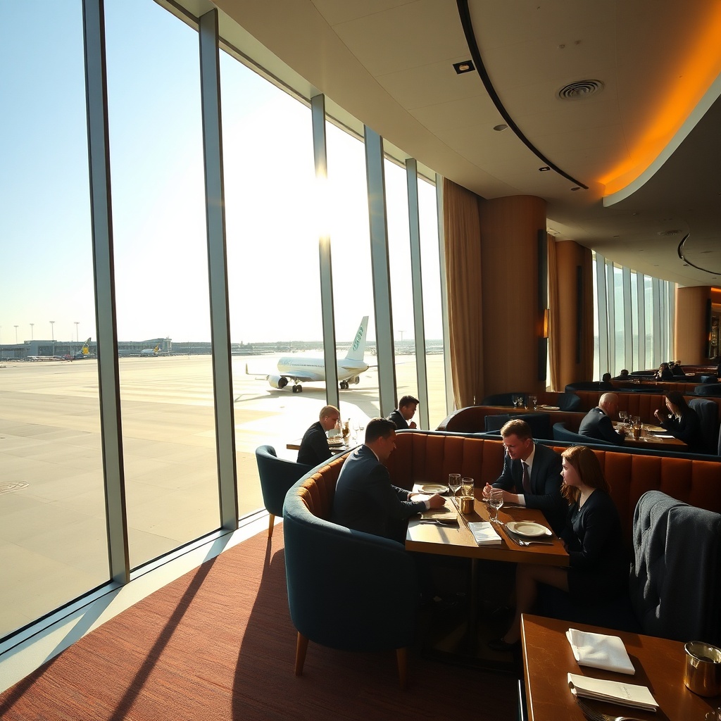 Premium sit-down dining experience at dubai airport restaurants with runway views, upscale decor, and travelers relaxing before flights.